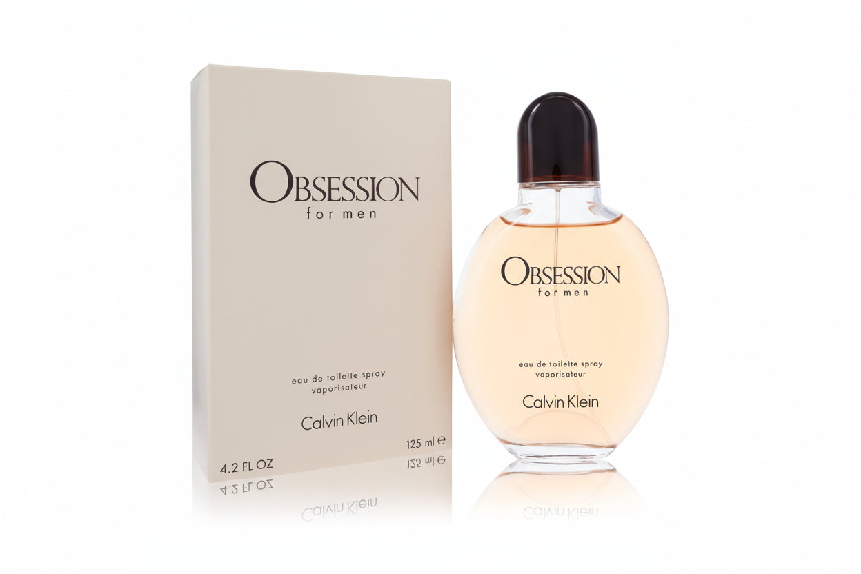 Calvin Klein Obsession for men perfume bottle and packaging on a white background