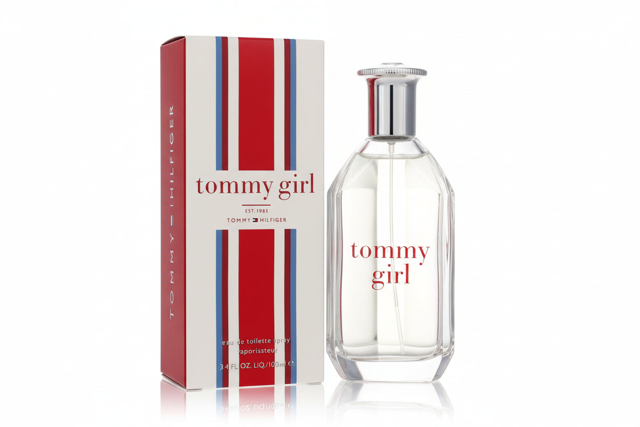 Tommy Girl perfume bottle and packaging with red and blue stripes on a white background