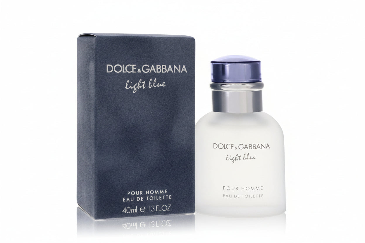 Dolce & Gabbana Light Blue Pour Homme Eau de Toilette bottle and packaging on a white background