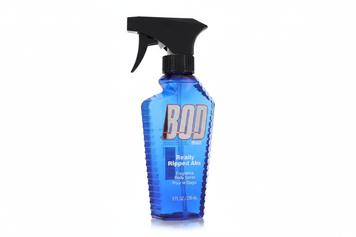Blue spray bottle labeled 'BOD man Really Ripped Abs' on a white background