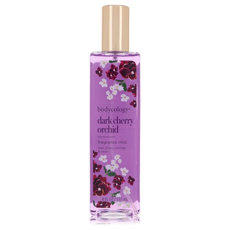Bodycology Dark Cherry Orchid fragrance mist bottle on a white background