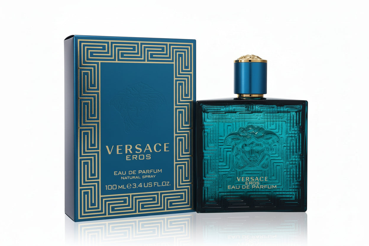 Versace Eros perfume bottle and packaging on a white background