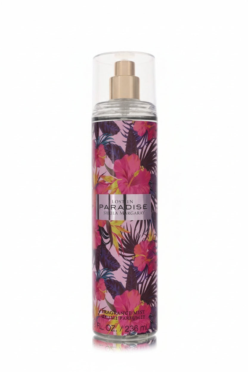 Fragrance mist spray bottle with floral design on a white background
